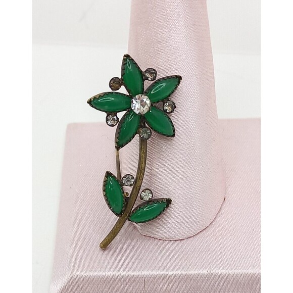 Antique Flower Brooch Green Stone  Old C Clasp - Picture 3 of 10